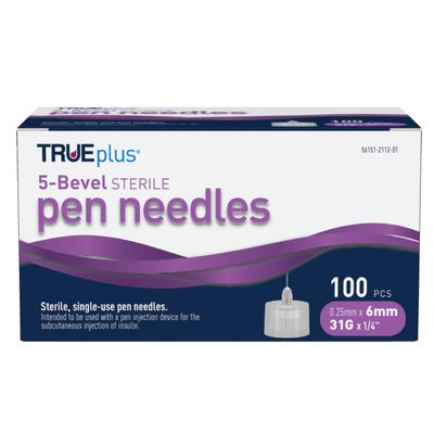 TRUEplus 5-Bevel Sterile Pen Needles, 31G x 6mm (1/4 Inch), Single-Use Needles, Silicone Coated, Compatible Thread with Major Pen Devices, 100 Count