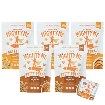 Mission Mighty Me Nutty Puffs Peanut + Mixed Nut Butter Variety for Babies + Kids Plant-Based, Gluten-Free, Pediatrician Developed (Peanut, Mixed Nut, and Bonus Sample)