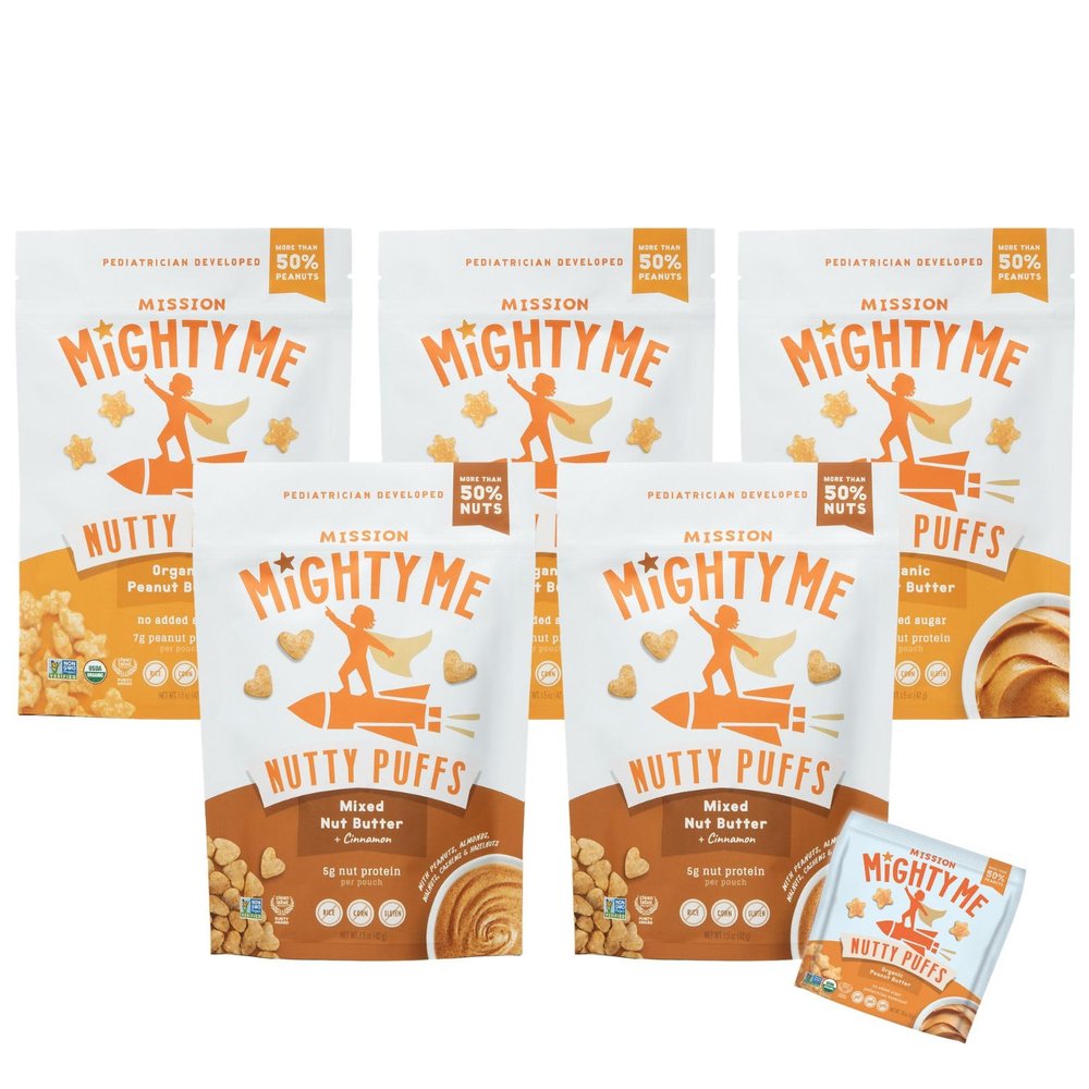 Mission Mighty Me Nutty Puffs Peanut + Mixed Nut Butter Variety for Babies + Kids Plant-Based, Gluten-Free, Pediatrician Developed (Peanut, Mixed Nut, and Bonus Sample)