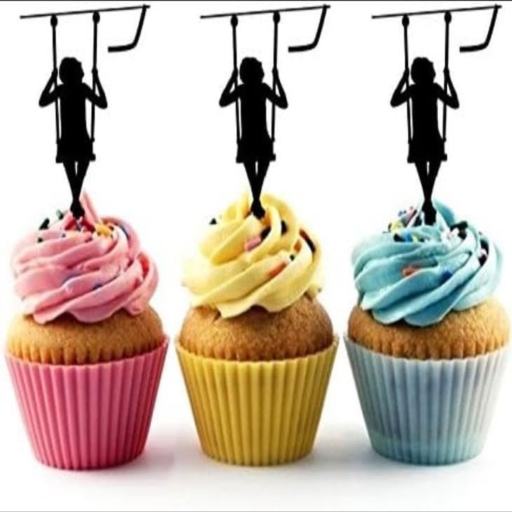 Cupcake Toppers Decorations, Silhouette Swing Design, Pink Yellow Blue, Set of 6