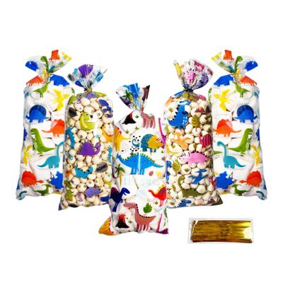 50 PCS Dinosaur Party Favor Bags,4 Unique Dino Designs with Gold Ties,Bulk Treat Bags for Boys Girls Birthday Party Supplies,Classroom Prizes & Carnival Theme Party Decor