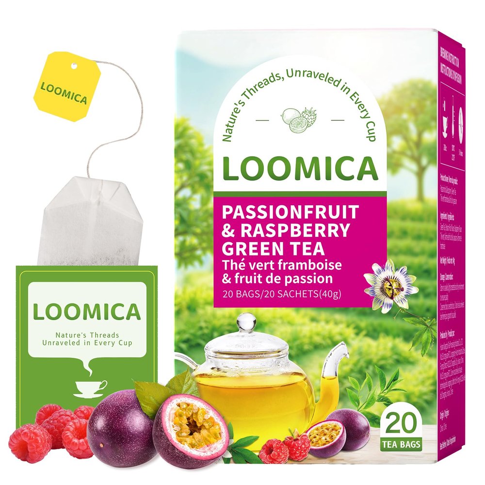 LOOMICA Passionfruit Raspberry Green Tea, Tropical Fruity Blend of Passion Fruit & Raspberry and Green Tea, Refreshing & Tropical, Hot or Iced, Antioxidant-Rich, No Artificial Sugar, 20 Counts