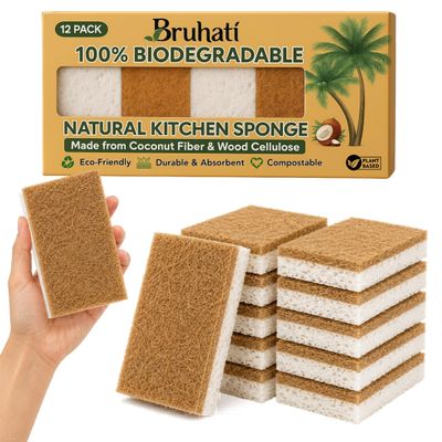 Bruhati Coconut Kitchen Sponges (12 Pack) - Natural Coconut Fiber & Cellulose Dish Scrubber, Biodegradable Compostable Plant-Based Sponges for Dishes, Pots & Pans - Eco Friendly Non Scratch