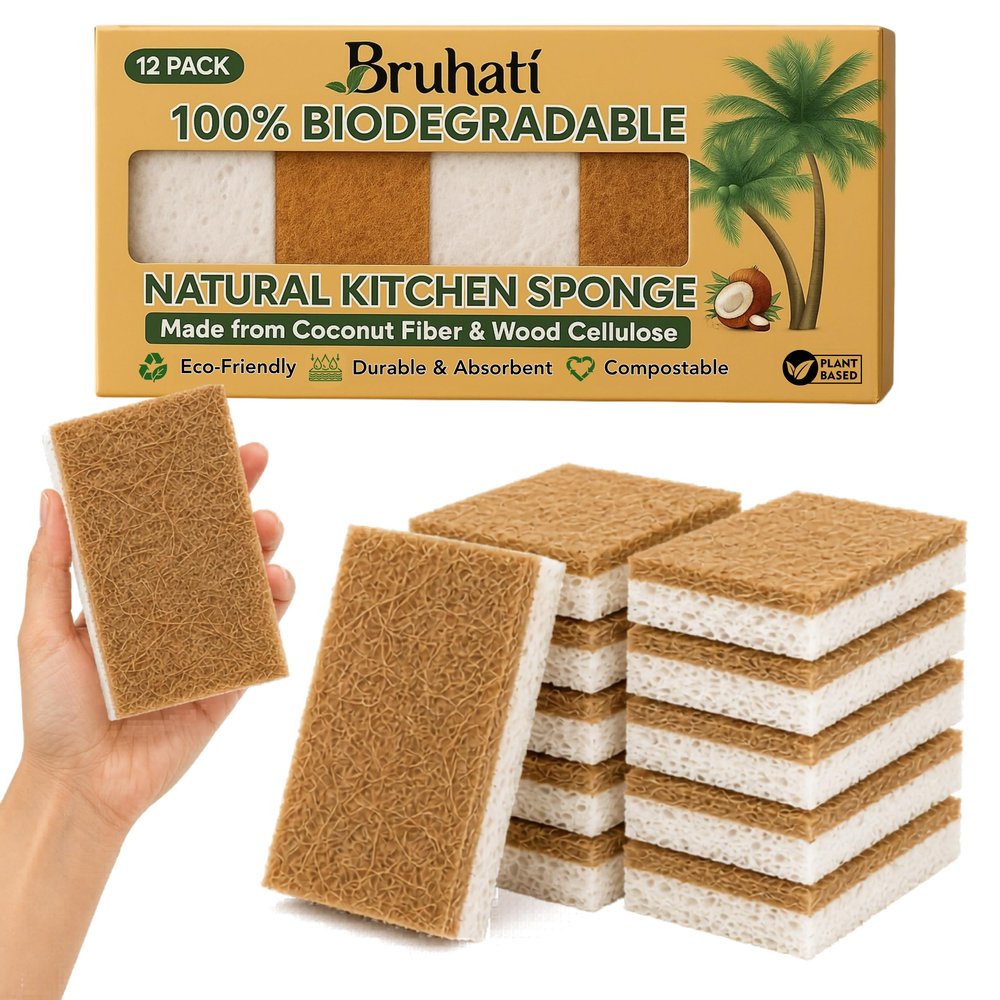 Bruhati Coconut Kitchen Sponges (12 Pack) - Natural Coconut Fiber & Cellulose Dish Scrubber, Biodegradable Compostable Plant-Based Sponges for Dishes, Pots & Pans - Eco Friendly Non Scratch