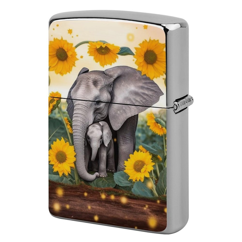 Elephant Sunflowers Lighter Case Double-Sided Graffiti Lighter Holder - Metal Lighters Protective Cover, Universal Fit for Standard Lighters, Stylish Gift for Men & Women