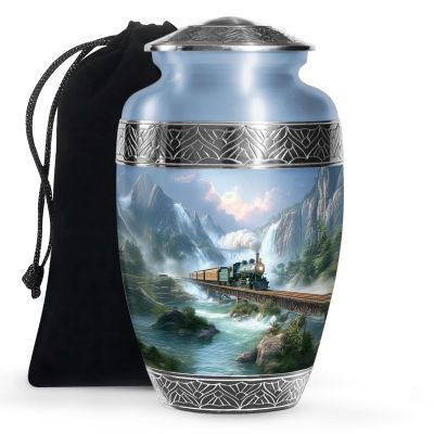 KARYLIZ Train Urns for Human Ashes Adult Man - Mountain Valley Clouds Blue-Green Urn for Male & Female, Large Cremation Urn with Velvet Bag, Funeral & Burial Urns for Mom & Dad 10 Inch