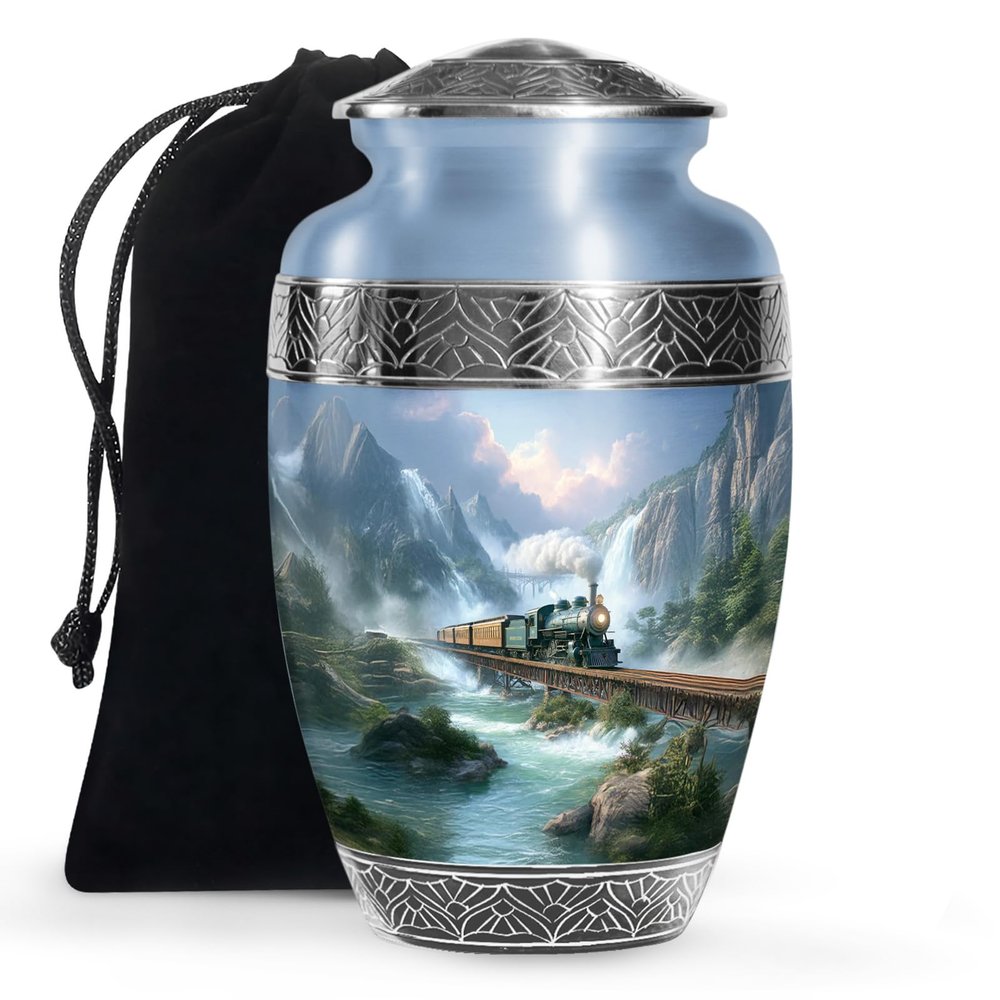 KARYLIZ Train Urns for Human Ashes Adult Man - Mountain Valley Clouds Blue-Green Urn for Male & Female, Large Cremation Urn with Velvet Bag, Funeral & Burial Urns for Mom & Dad 10 Inch