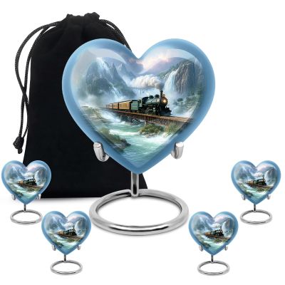 KARYLIZ Vintage Train Through Mountain Urns for Ashes Combo of 5 10 Inch Large Clouds Cremation for Adult Men & Women and 3 Inch Mini Keepsake Urns for Dad & Female Burial Funeral Memorial Set