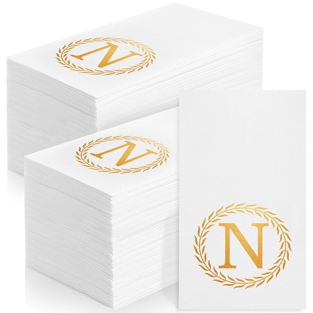 200 Gold Monogram Disposable Napkins - Letter N Hand Towels Decorative, Dinner Napkins for Guest, Monogrammed Hand Towels for Bathroom Wedding Birthday Party Baby Shower