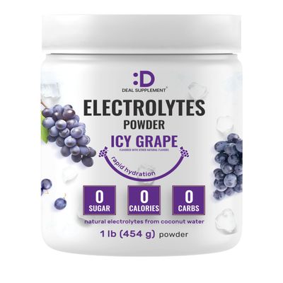 Electrolytes Powder, 1lb (69 Servings) No Sugar, Low Sodium, ICY Grape Flavor Rapid Hydration Supplement Drink Mix High Potassium 1,000mg with Natural Coconut Water, Magnesium, & Vitamin C*