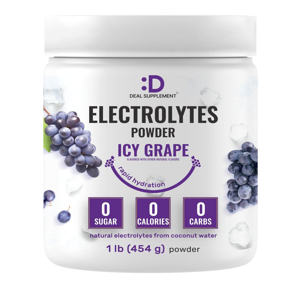 Electrolytes Powder, 1lb (69 Servings) No Sugar, Low Sodium, ICY Grape Flavor Rapid Hydration Supplement Drink Mix High Potassium 1,000mg with Natural Coconut Water, Magnesium, & Vitamin C*