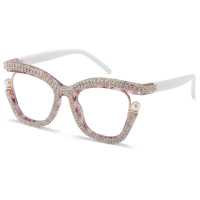 AOOLIA Stylish Cat Eye Reading Glasses, Pearl Crystal Eyewear Frame Reader for Women Girl Ladies, Anti-blue Light Glasses (Pattern-white, 1, x)