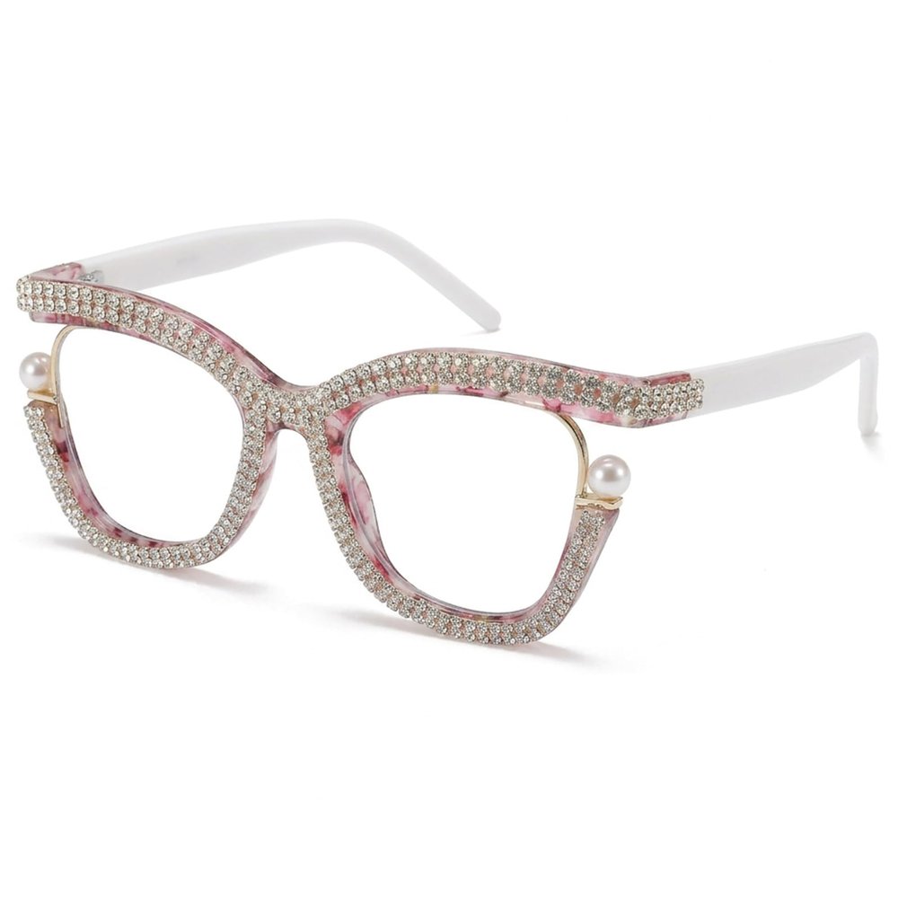 AOOLIA Stylish Cat Eye Reading Glasses, Pearl Crystal Eyewear Frame Reader for Women Girl Ladies, Anti-blue Light Glasses (Pattern-white, 1, x)