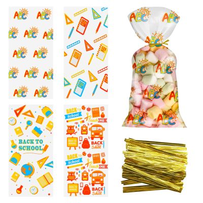 100Pcs Back to School Goodie Bags Candy Treat Bags Clear Bulk with Gold Twist Tie Back to School Party Favor Decorations for Cookie Candy Packing Supplies