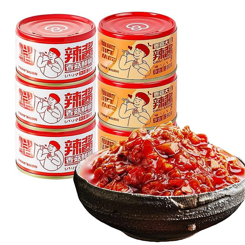 2 flavors Handmade fresh chili sauce 80g*3/6can,hot pot dipping,Instant Spicy soybean chili paste,Instant Mushroom seasoning dish,Mixed noodleChina Condimentspecial snacks (Mixed flavor,6 can)