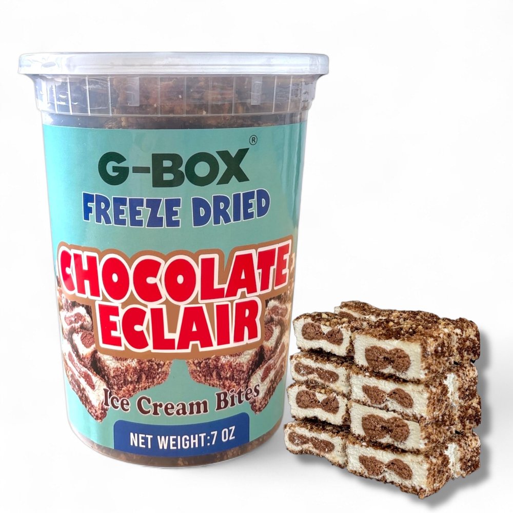 G-BOX Freeze Dried Chocolate Eclair Ice Cream Bites, Enhanced Flavor, Crunchy, Airy, Sweet - Perfect for Camping, Outdoor, Party - Air-tight Sealed in a Deli Container (7 OZ Chocolate Eclair)