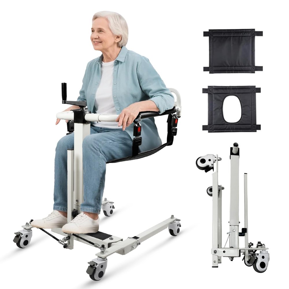 Drexo Patient Lift Transfer Chair, 5 in 1 Patient Lift Wheelchair with 180Split Seat, Height Adjustable Patient Transfer Chair with 4 Casters for Home Seniors Elderly Handicapped, Max Load 440Lbs