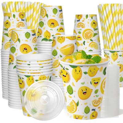 100 Sets 300 Pcs 9 Oz Lemonade Cups With Lids And Drinking Straw, Lemonade Stand Supplies, Lemon Patterned Summer Cold Drink Cup, Disposable Fruit Juice Coffee Paper Cup, Party And Outdoor Supplies