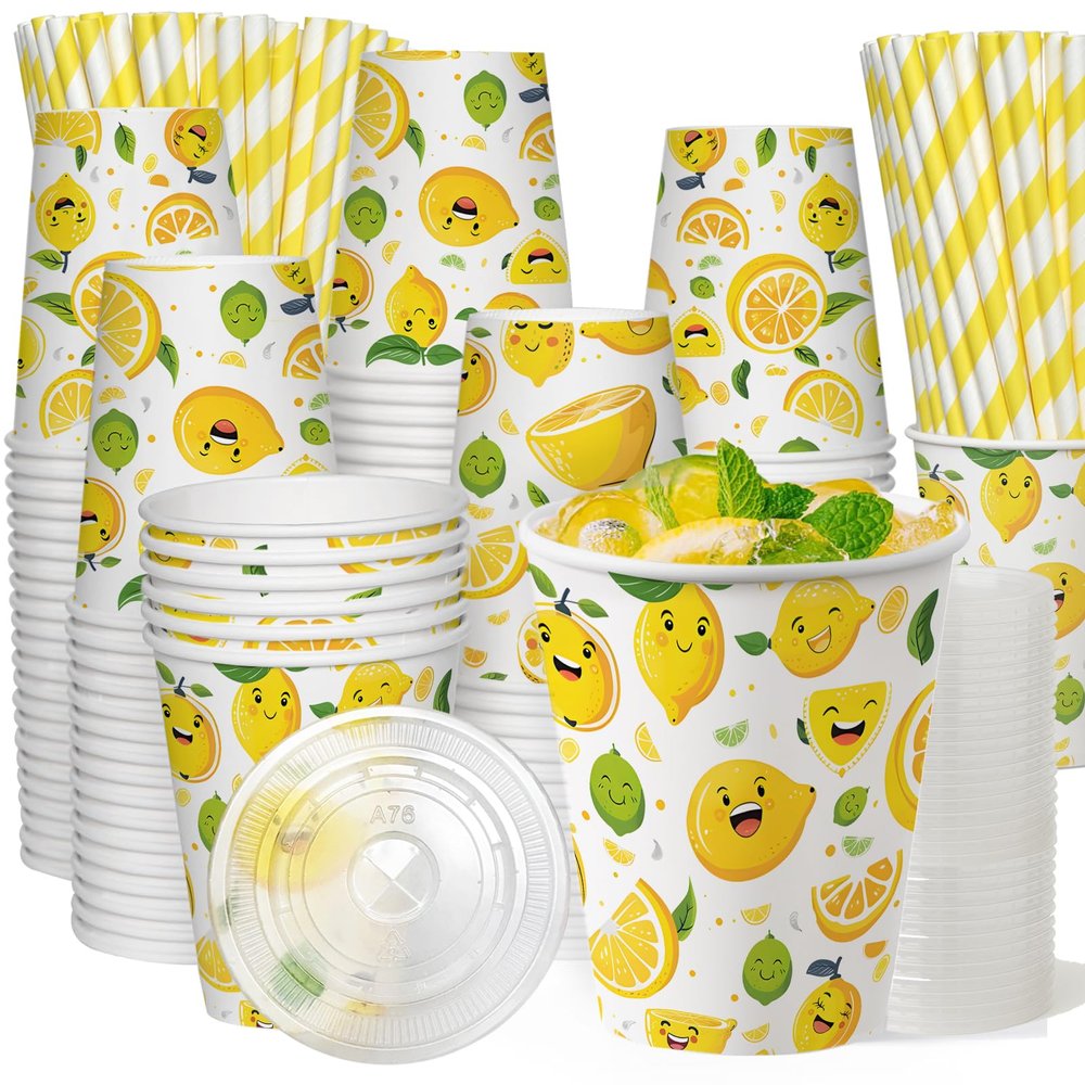 100 Sets 300 Pcs 9 Oz Lemonade Cups With Lids And Drinking Straw, Lemonade Stand Supplies, Lemon Patterned Summer Cold Drink Cup, Disposable Fruit Juice Coffee Paper Cup, Party And Outdoor Supplies