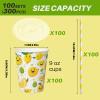 100 Sets 300 Pcs 9 Oz Lemonade Cups With Lids And Drinking Straw, Lemonade Stand Supplies, Lemon Patterned Summer Cold Drink Cup, Disposable Fruit Juice Coffee Paper Cup, Party And Outdoor Supplies view 2