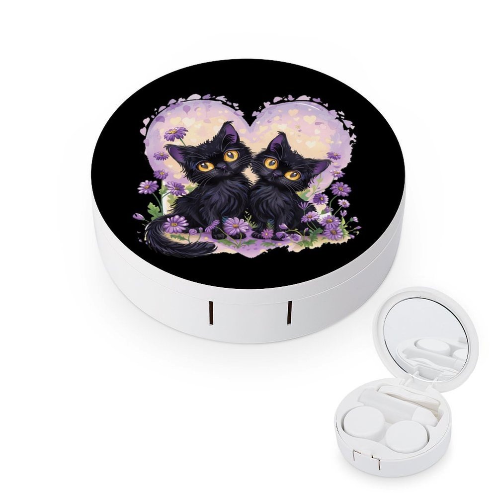 Black Cats Flower Contact Lens Case Box Holder Container Daily Contact Lens Organizer for Travel Daliy Use