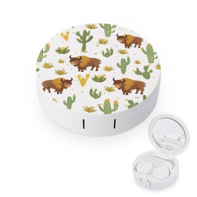 Bisons with Cactus Print Contact Lens Case Box Holder Container Daily Contact Lens Organizer for Travel Daliy Use