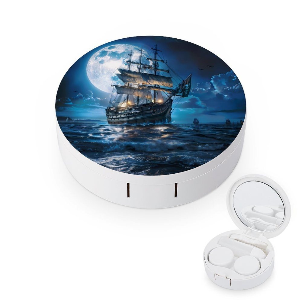 Blue Boat On Seascape And Moon in The Sky Contact Lens Case Box Holder Container Daily Contact Lens Organizer for Travel Daliy Use