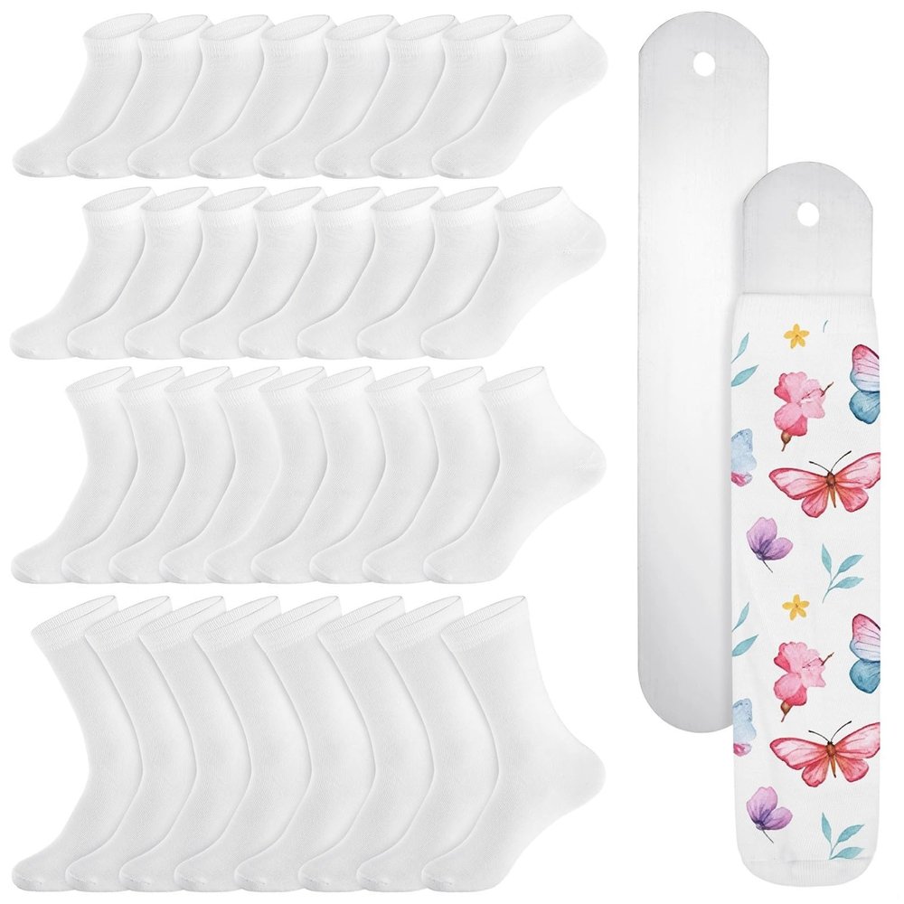 48 Pairs White Sublimation Socks, Heat Transfer Jigs with 4 Different Sizes