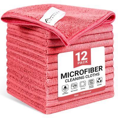 SIFANGKE Microfiber Cleaning Cloth, 12 Pack Pink Cleaning Rags for Housekeeping, Reusable Microfiber Towels for Car, Kitchen, Bathroom and Household Cleaning Supplies, 11.8"X11.8"