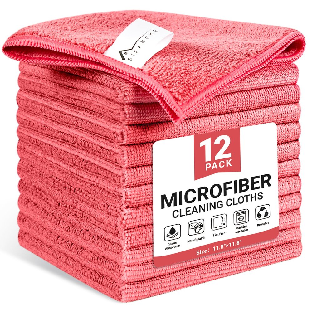 SIFANGKE Microfiber Cleaning Cloth, 12 Pack Pink Cleaning Rags for Housekeeping, Reusable Microfiber Towels for Car, Kitchen, Bathroom and Household Cleaning Supplies, 11.8"X11.8"