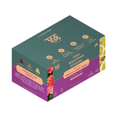 108 LIFE Natural Hibiscus Tea Bags | Lemon Ginger Tea | Herbal Tea | 100% Natural | Caffeine Free | Supports Digestion & Immunity | Biodegradable Pyramid Tea Bags | 30 Count