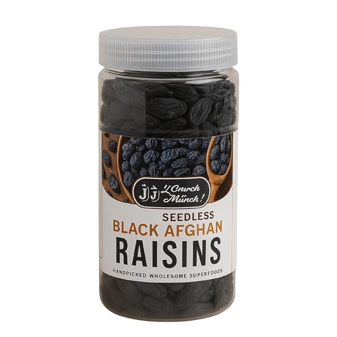 J J Crunch N Munch Afghan Black Raisins Seedless Premium Quality Kali Kishmish, 100% Natural & Unpolished, Sweet & Juicy Dry Fruit, Rich in Iron & Antioxidants, Healthy Snack for Daily Use (100g)