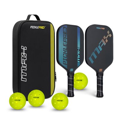 PicklePro Max Pickleball Paddle Set 2 Carbon Fiber Max Series Thermoformed Paddles with CAS Surface, 4 Rotational Outdoor Balls & Protective Carry Bag USAPA Approved, Tournament-Grade Performance