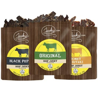 Jerky.com Beef Jerky Variety Pack Sampler | Gluten Free Beef Jerky Snack Packs for Adults | Made with Premium Meats | High Protein, Keto-Friendly Jerky Assortment | Gifts for Men (1oz Pack of 3 bags)