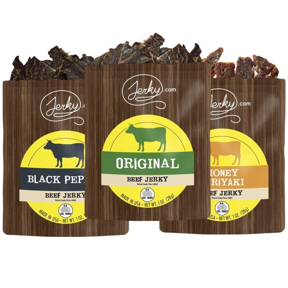 Jerky.com Beef Jerky Variety Pack Sampler | Gluten Free Beef Jerky Snack Packs for Adults | Made with Premium Meats | High Protein, Keto-Friendly Jerky Assortment | Gifts for Men (1oz Pack of 3 bags)