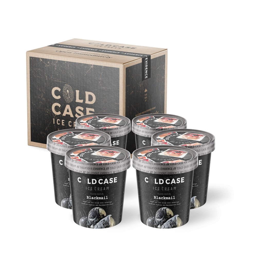 Cold Case Ice Cream Blackmail Flavor - Gourmet Sweet Ash Ice Cream with Chocolate Sandwich Cookies and Marshmallow Creme Swirls - 1 Case, 6 Pints, 16 oz/Pint (Frozen)