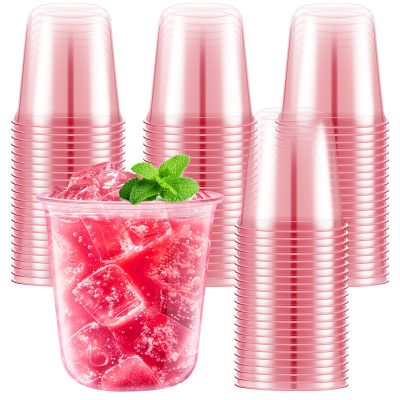 100 Pcs Pink Clear Plastic Cups 12 oz, Bulk Disposable Stemless Wine Glasses, Cute Pink Plastic Party Cups for Meeting Wedding Birthday Valentines Christmas Cocktail Theme Party Supplies Decorations