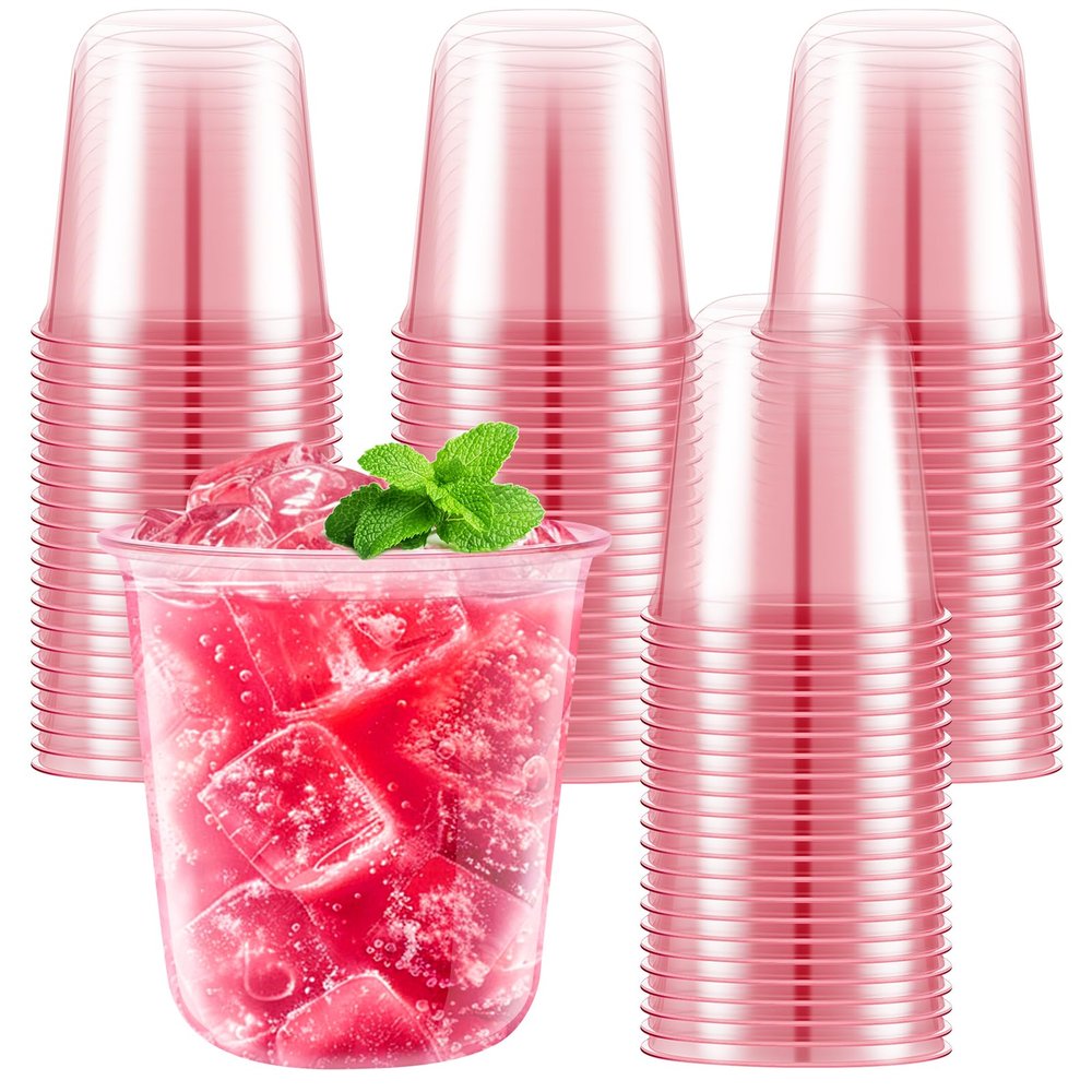 100 Pcs Pink Clear Plastic Cups 12 oz, Bulk Disposable Stemless Wine Glasses, Cute Pink Plastic Party Cups for Meeting Wedding Birthday Valentines Christmas Cocktail Theme Party Supplies Decorations
