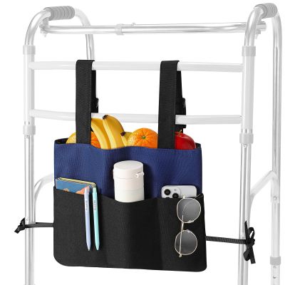 Rhino Valley Walker Bag, Walker Basket for Folding Walker with Cup Holder, 7 Pockets with Adjustable Strap Rope, Foldable Walker Accessories for Seniors, Blue & Black