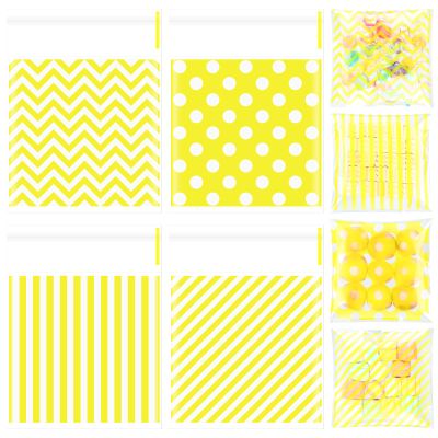 Gersoniel 200 Pcs Cookie Bags, 4 x 4 in Self Sealing Cellophane Treat Bags Plastic Goodie Snack Bag Striped Polka Dot Candy Gift Bag for Summer Birthday Wedding Party Favors(Yellow)