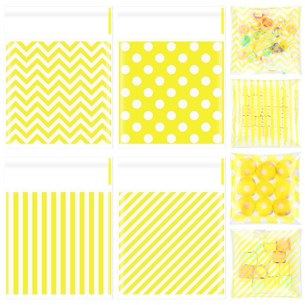 Gersoniel 200 Pcs Cookie Bags, 4 x 4 in Self Sealing Cellophane Treat Bags Plastic Goodie Snack Bag Striped Polka Dot Candy Gift Bag for Summer Birthday Wedding Party Favors(Yellow)
