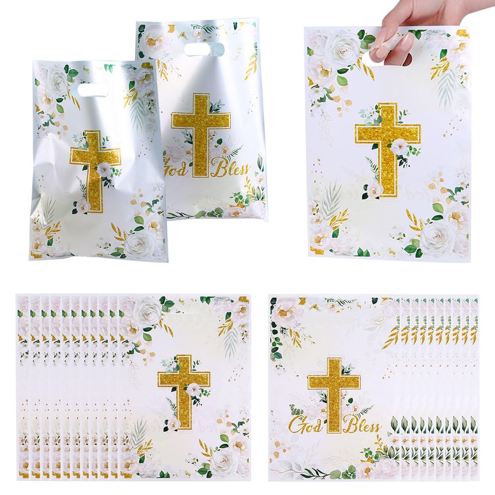 Ysqool 20Pcs First Communion Party Favor Bags, Baptism God Bless Goodie Bags with Handles, Religious Christian Cross Floral Plastic Treat Candy Gift Bag for Kids Birthday Baby Shower Decorations