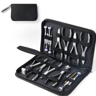 16Pcs Optical Eyeglass Pliers Kit, Portable Eyeglass Repair Kit with Storage Bag, with 8 Pliers and 6 Screwdrivers, 1 Tweezers and Crochet Hook, for Glasses Repair