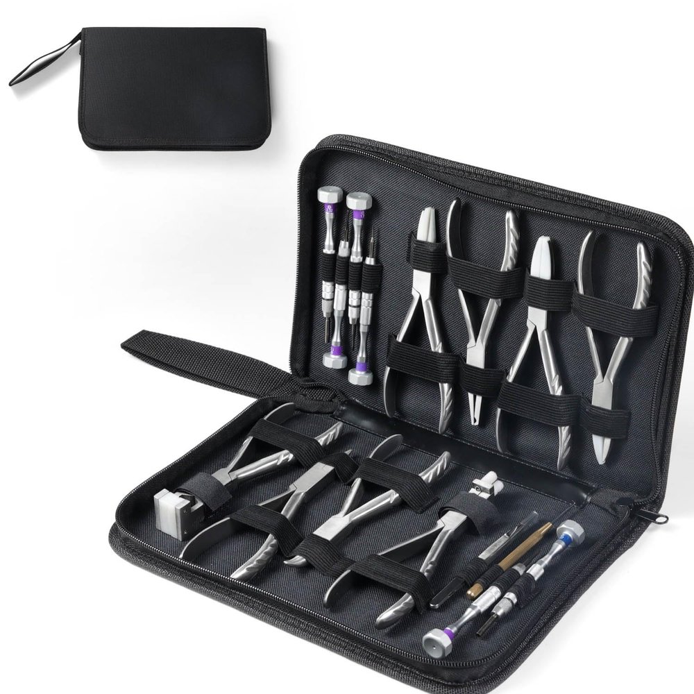 16Pcs Optical Eyeglass Pliers Kit, Portable Eyeglass Repair Kit with Storage Bag, with 8 Pliers and 6 Screwdrivers, 1 Tweezers and Crochet Hook, for Glasses Repair