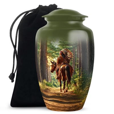 Remembrate Native American Large Urn for Ashes for Women and Men Cremation - Green Decorative Urn for Human Ashes 10 Inch - Burial Urns for Husband and Wife Remains