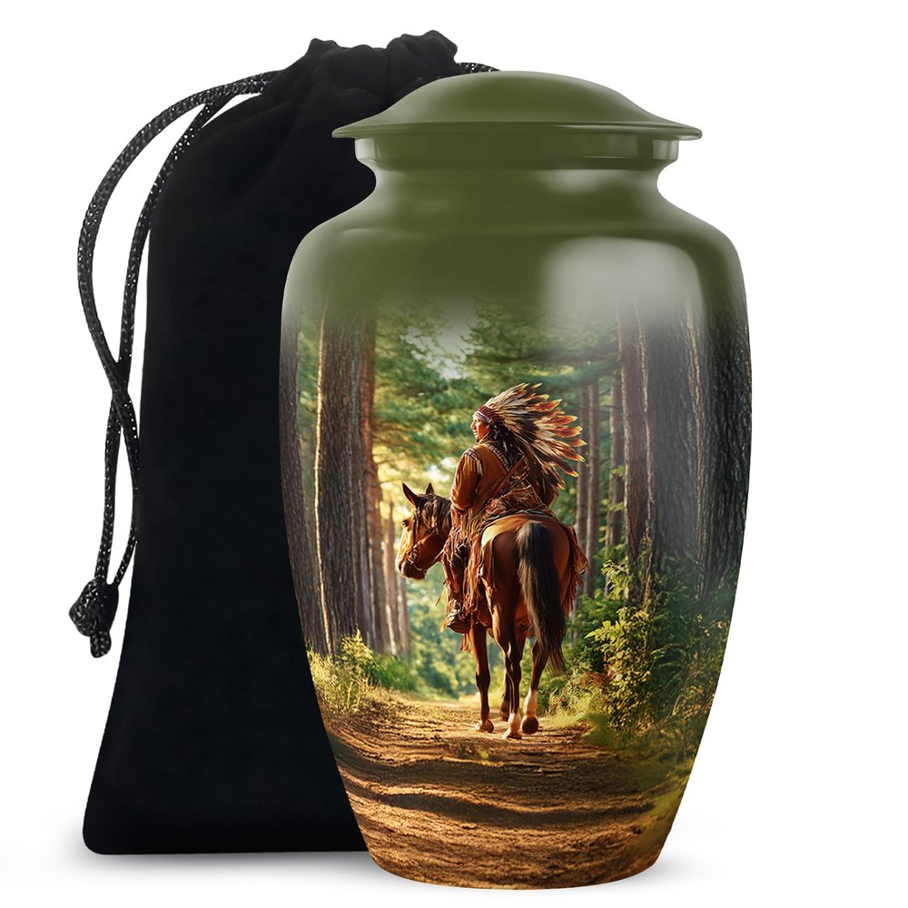 Remembrate Native American Large Urn for Ashes for Women and Men Cremation - Green Decorative Urn for Human Ashes 10 Inch - Burial Urns for Husband and Wife Remains
