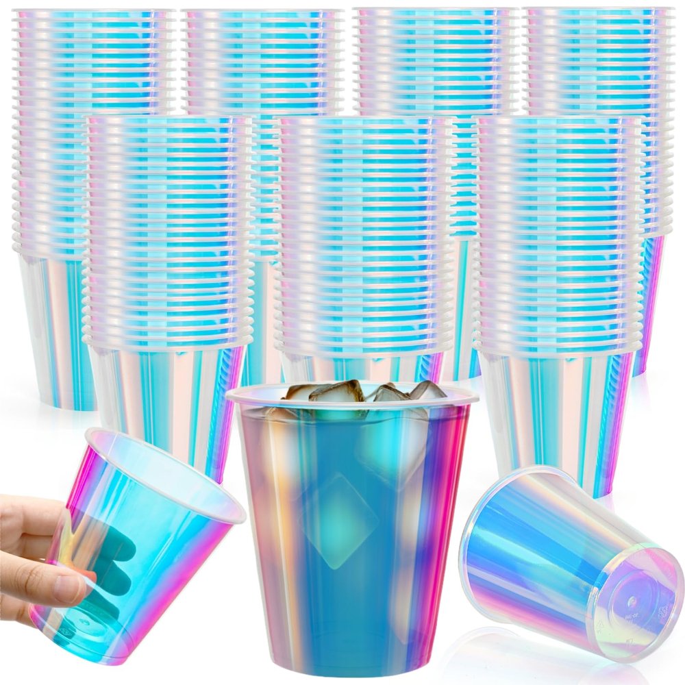 YIMITEE 50 Pack Iridescent Plastic Cup, 12 OZ Disposable Bachelorette Party Cups, Glitter Drinking Cups, Holographic Shiny Beverage Cup, Party Supplies for Disco, Birthday, Wedding, Decorations