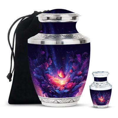 Butterfly Burial Urns for Ashes - Flowers Funeral Urns for Human Ashes Adult Man 3 Inch Small & 10 Inch - Purple Cremation Urn for Mother - Large Memorial Urn for Male and Female, 1 Large & Mini