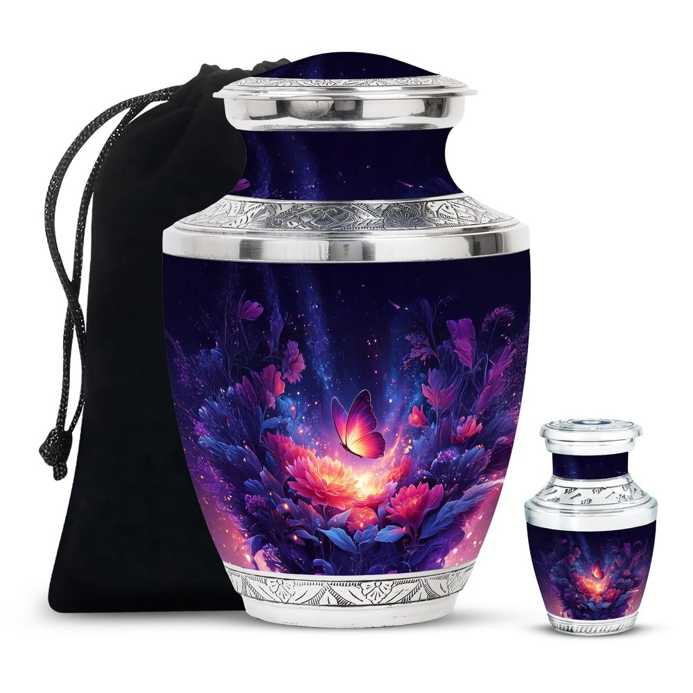 Butterfly Burial Urns for Ashes - Flowers Funeral Urns for Human Ashes Adult Man 3 Inch Small & 10 Inch - Purple Cremation Urn for Mother - Large Memorial Urn for Male and Female, 1 Large & Mini