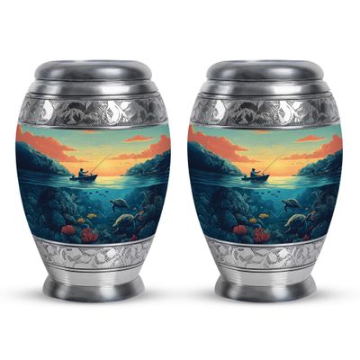 JAGSHASHI Fishing Little Urns for Human Ashes Adult Male & Female - Small Burial Urn for Mom & Dad Ash - Adult Cremation Urns for Human Ashes - 3 Inch Set of 2 - Keesake Memorial Funeral Urn